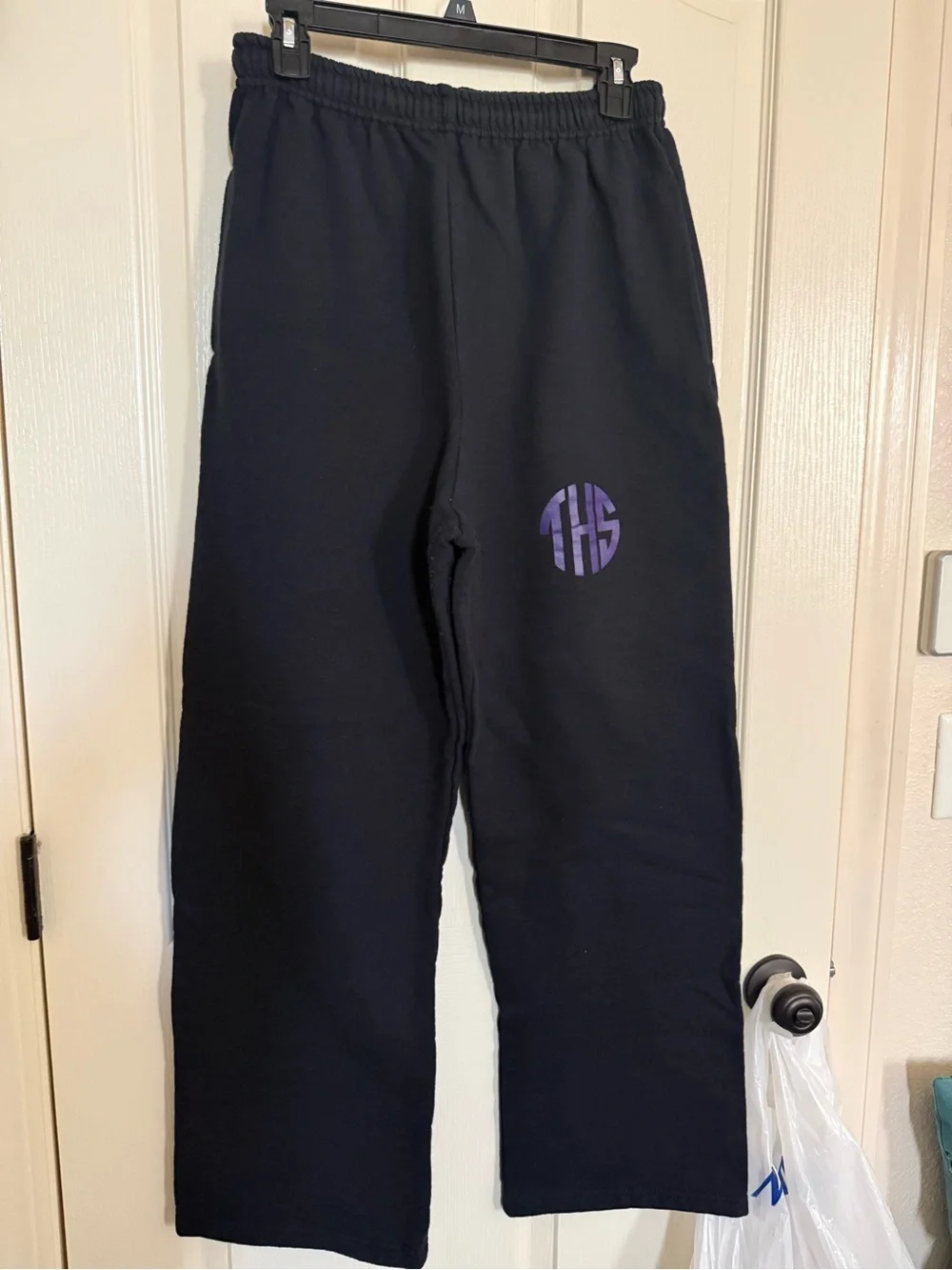 Jerzees White Tee and Black Track Pants with Purple Graphic